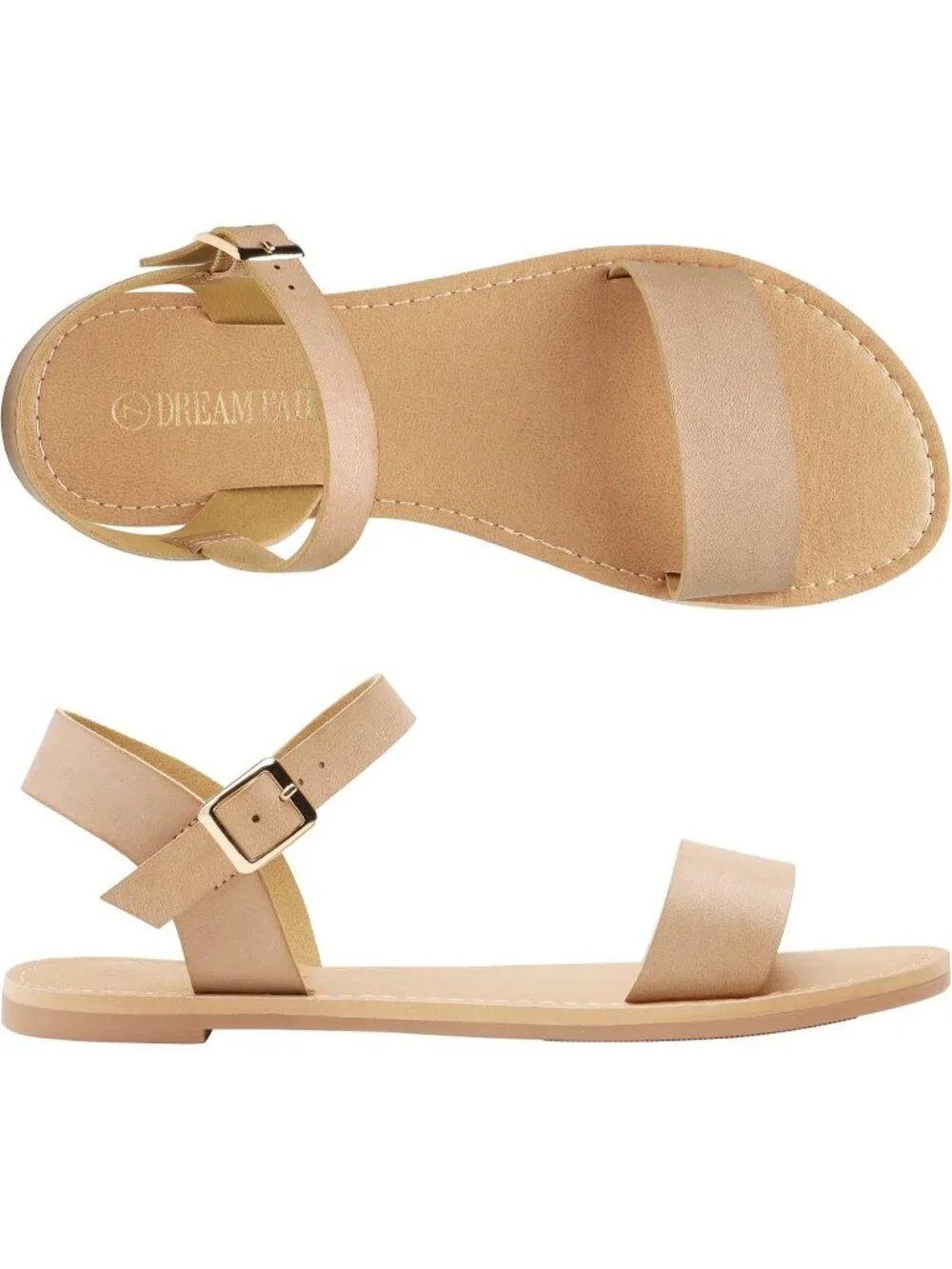Women's Nude Ankle Strap Flat Sandals Open Toes One Band Buckle Summer Sandals